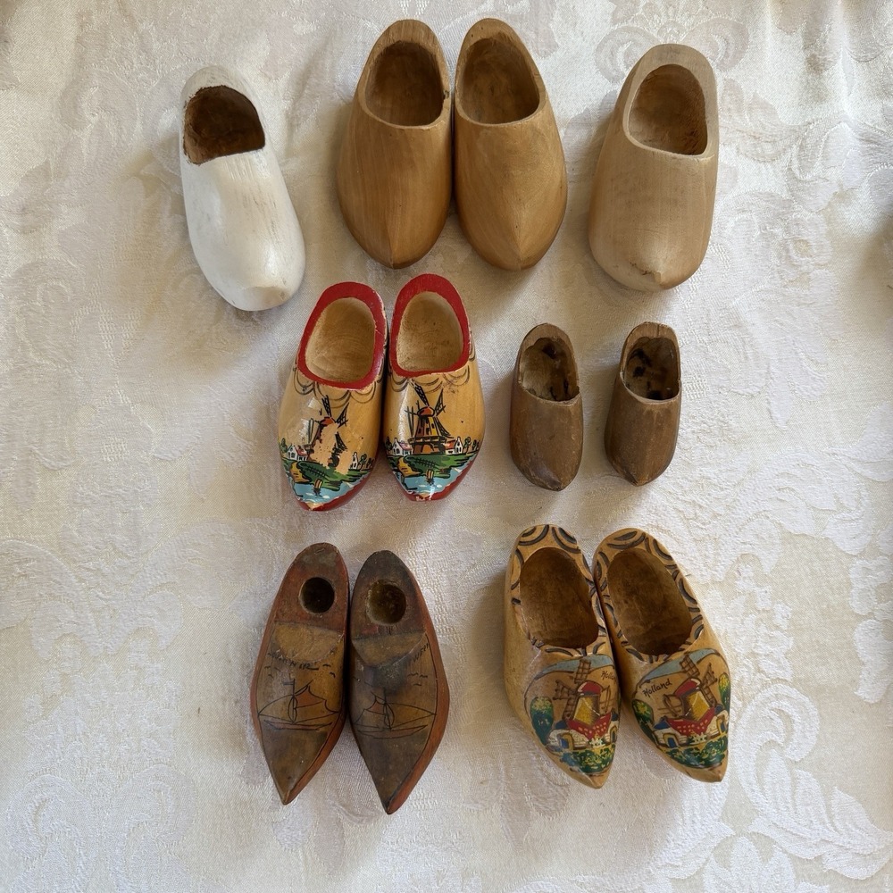 Vintage Dutch Wooden Clogs Lot Mixed‎ Hand Painted & Carved Windmill Sailboat